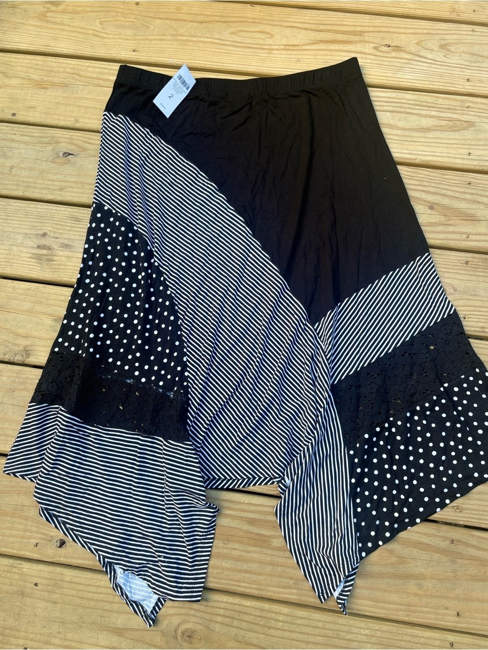 Chico’s Size 2 L 12/14 Black White Patchwork Hanky Hem Midi Skirt NWT